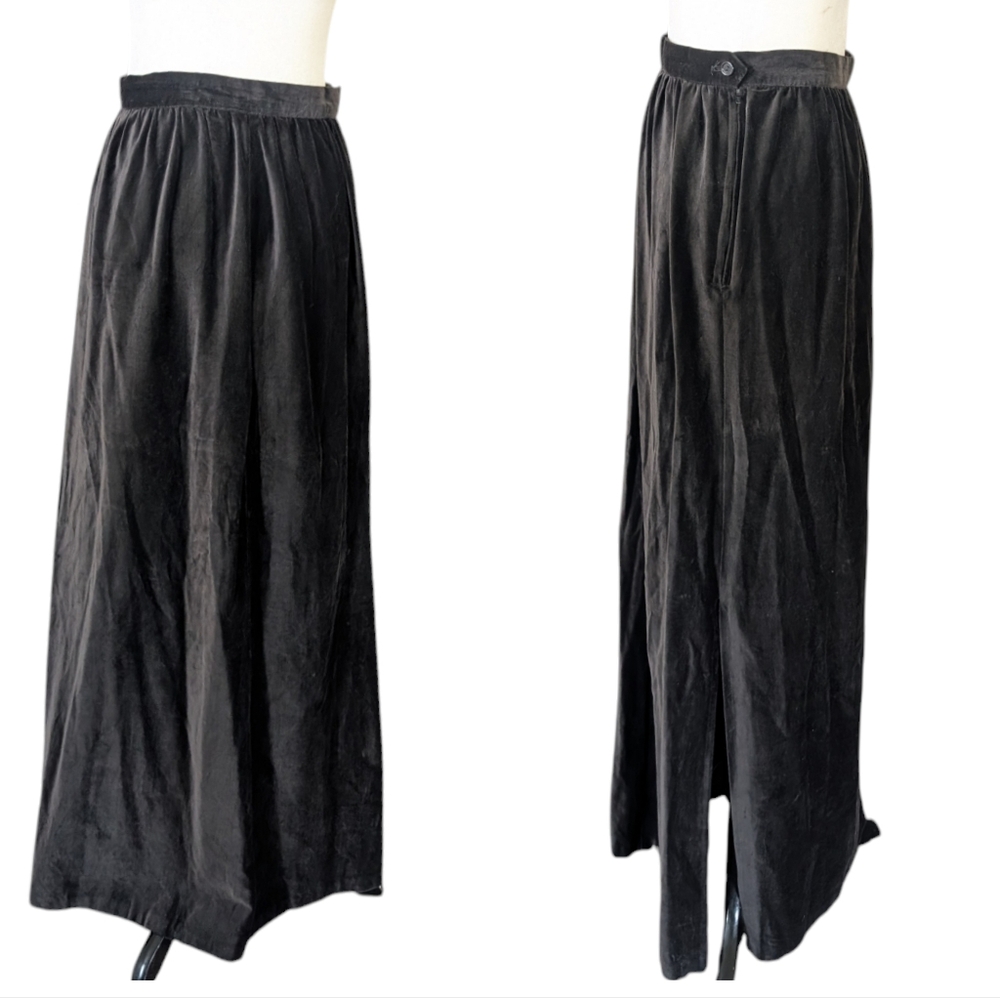 Vintage Brown Velvet Maxi Skirt 26 Waist Pleated w Slit High Waisted Long Flare